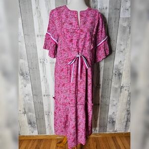 Rungolee Large Silk Cottage Core Floral Tiered Hem Midi Dress